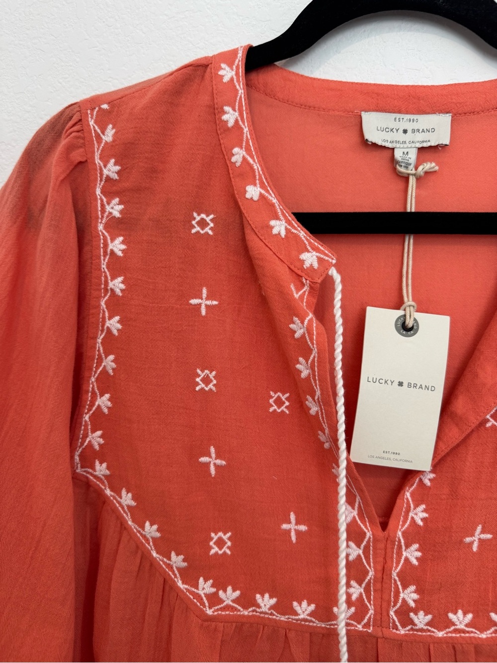 Lucky Brand Orange Boho Embroidered 3/4 Sleeve Cotton Blouse Top - Picture 10 of 11